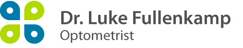 Dr. Luke Fullenkamp : Abstract geometric logo featuring a central blue and green circular design with four eyes, flanked by two gray rectangular bars of differing lengths.